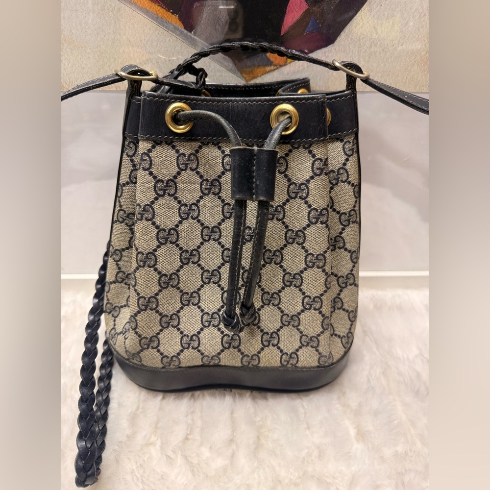 GUCCI Navy Coated Canvas Bucket Bag Rope Strap